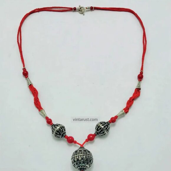 Handmade Red Beaded Necklace with Tribal Tassel Pendant, Beaded Chain Necklace - Picture 8 of 13